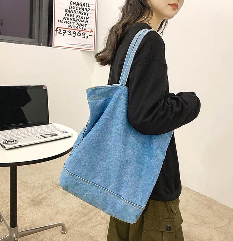 YunZh Canvas Bag Denim Tote Shoulder Handbag Shopping Travel Pockets Reusable Grocery Bags - Image 2